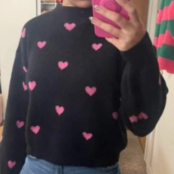 Black Casual Womens Heart Pattern Mock Neck Drop Shoulder Sweater - Picture 6 of 7